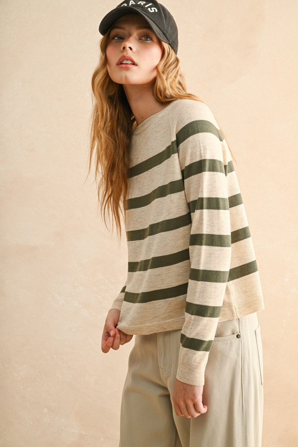 Oatmeal/Olive Striped Long Sleeve Lightweight Sweater