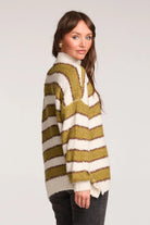 Green/White/Brown Striped Mock Neck Sweater