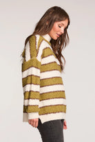 Green/White/Brown Striped Mock Neck Sweater