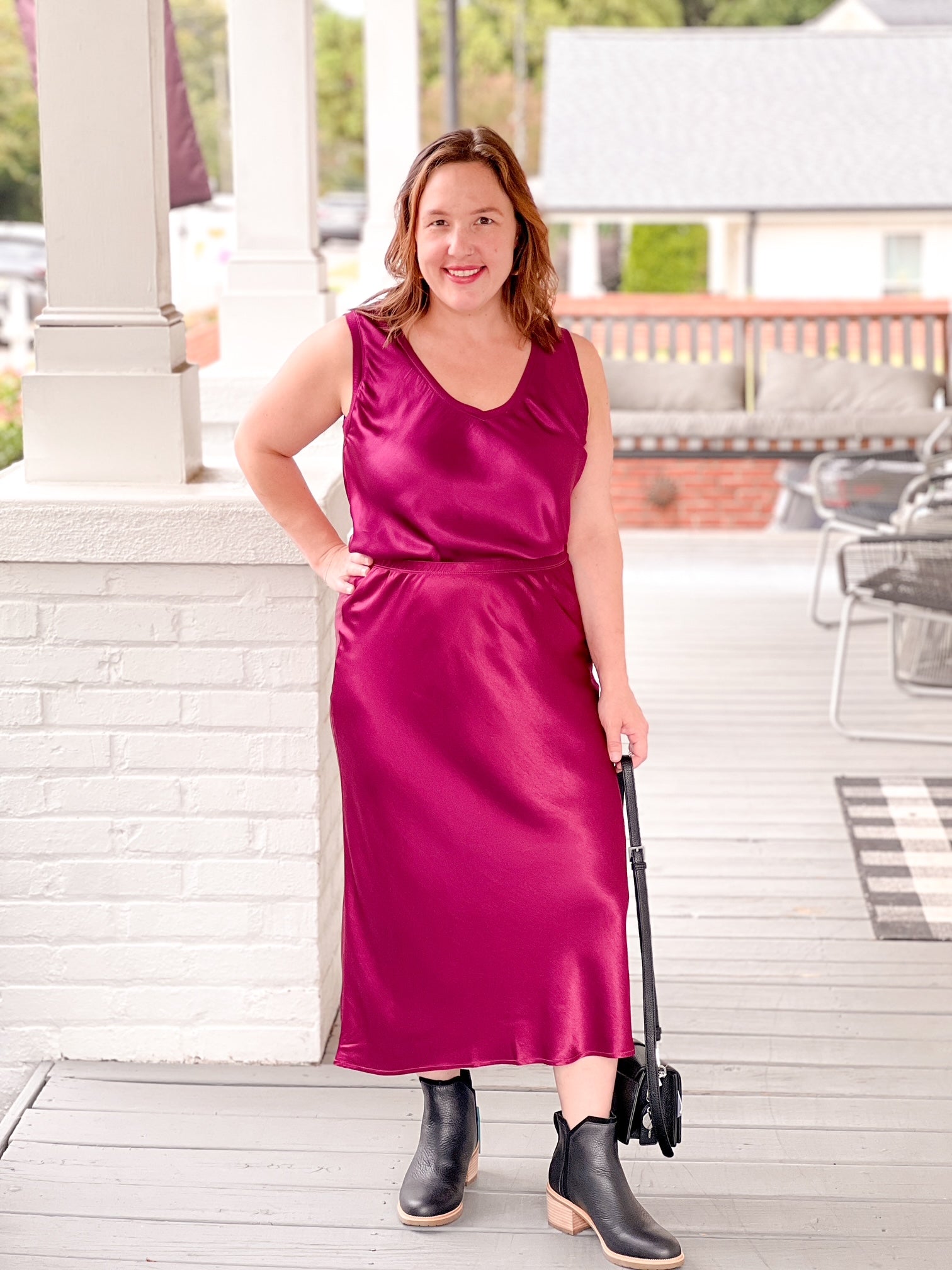 ruby satin tank with v neckline