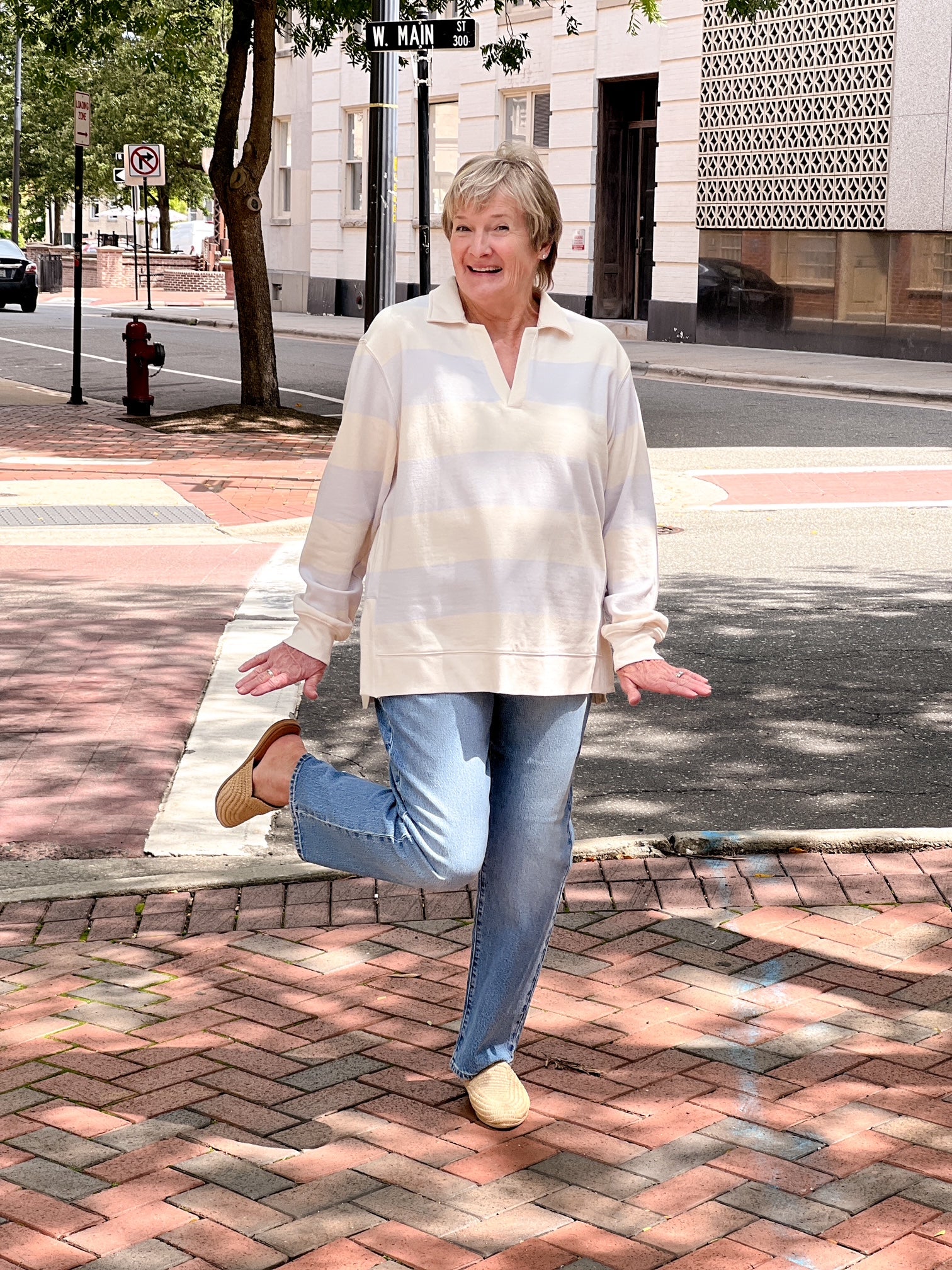 sweatshirt with light lavender stripes and v neckline
