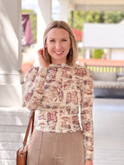 Brown Printed Long Sleeve Mesh Mock Neck Top