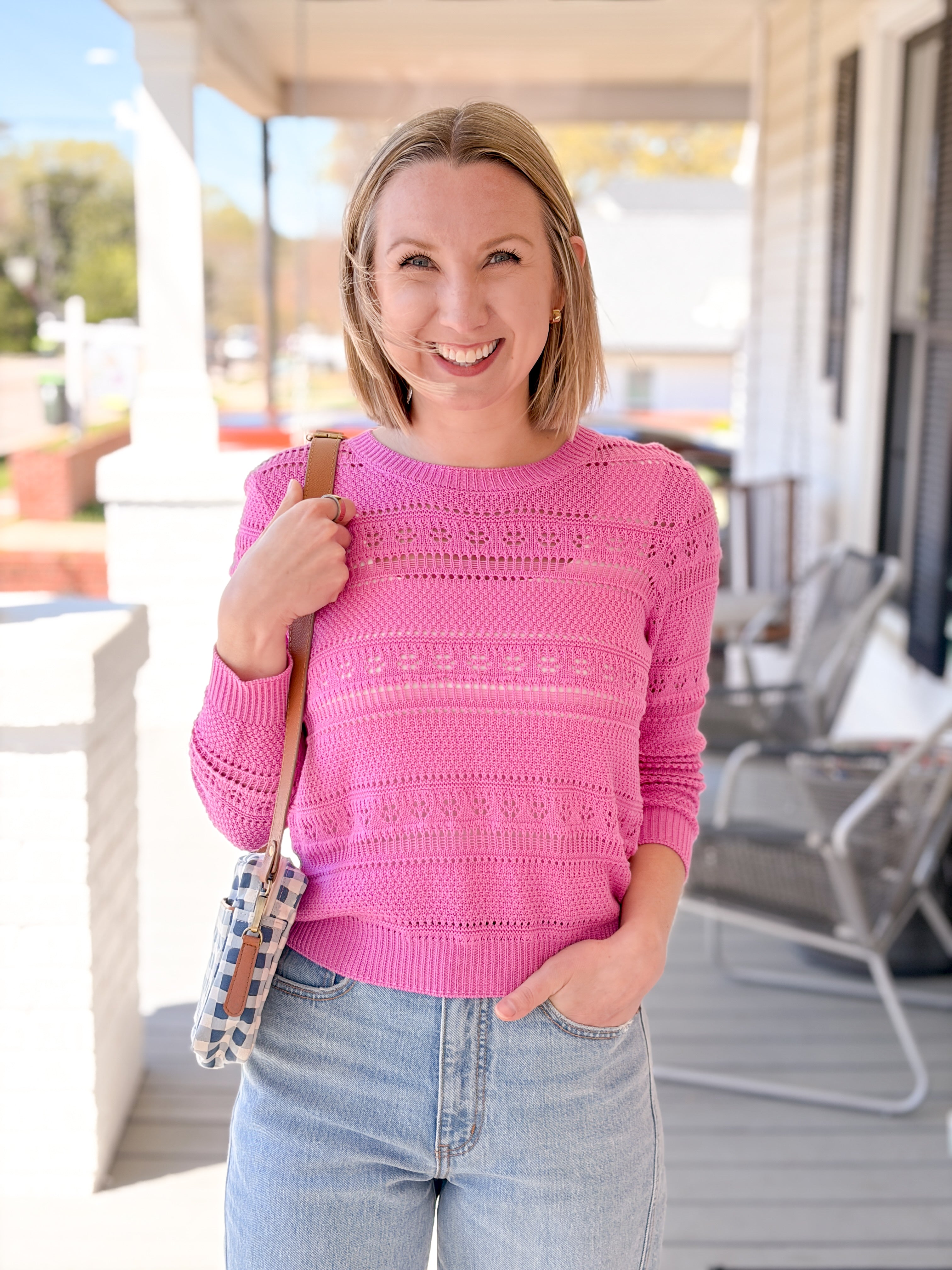 Pink Lace & Knit Long Sleeve Lightweight Sweater