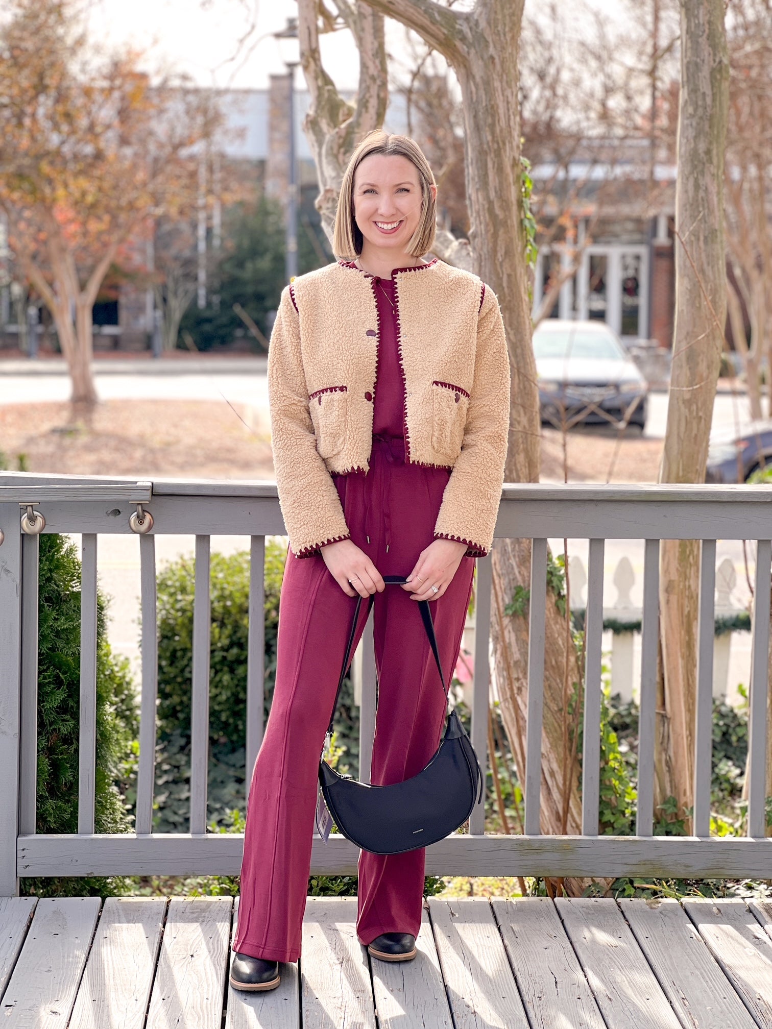 Beige Sherpa Jacket with Burgundy Detailing