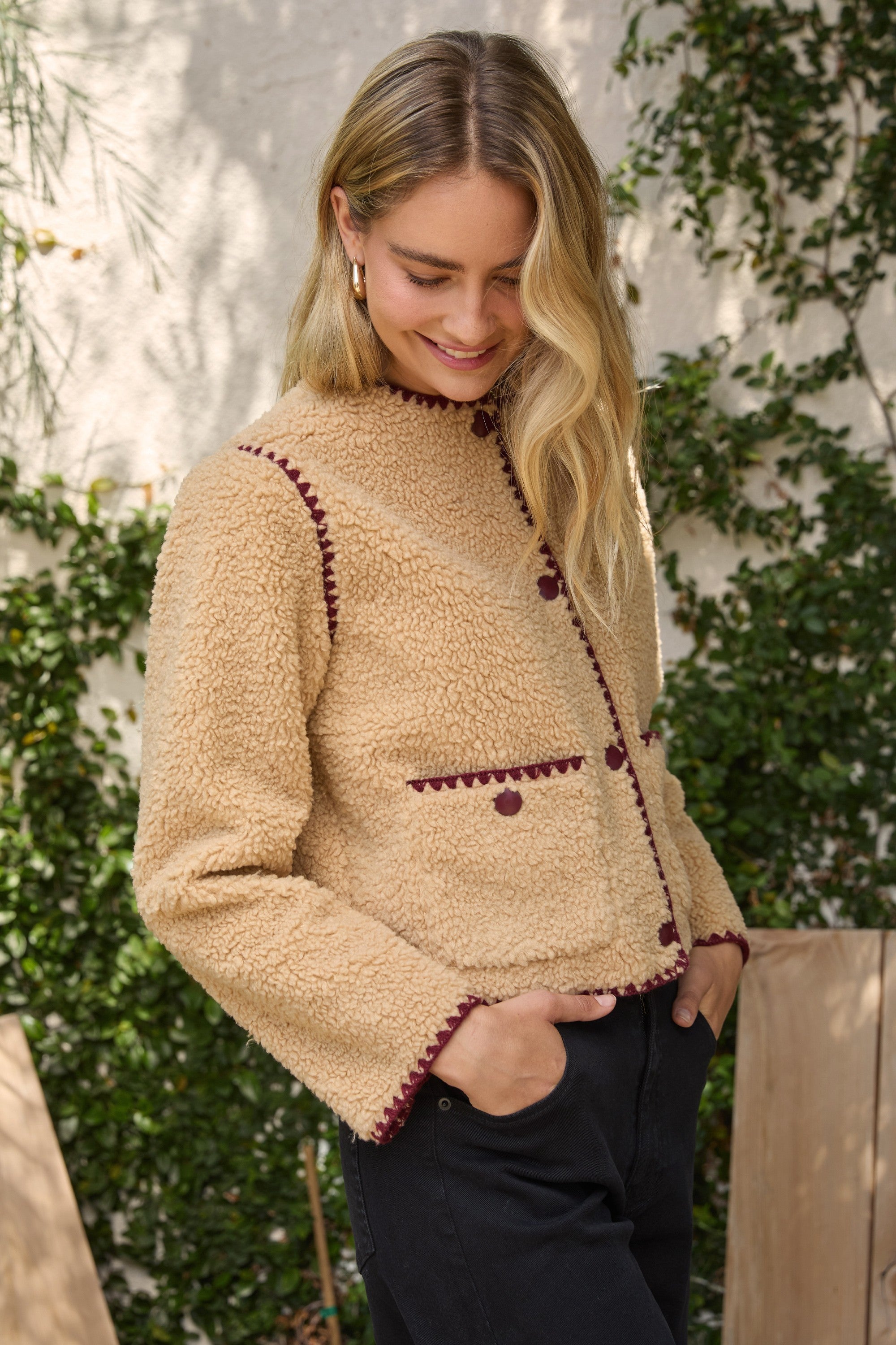 Beige Sherpa Jacket with Burgundy Detailing