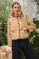 Beige Sherpa Jacket with Burgundy Detailing