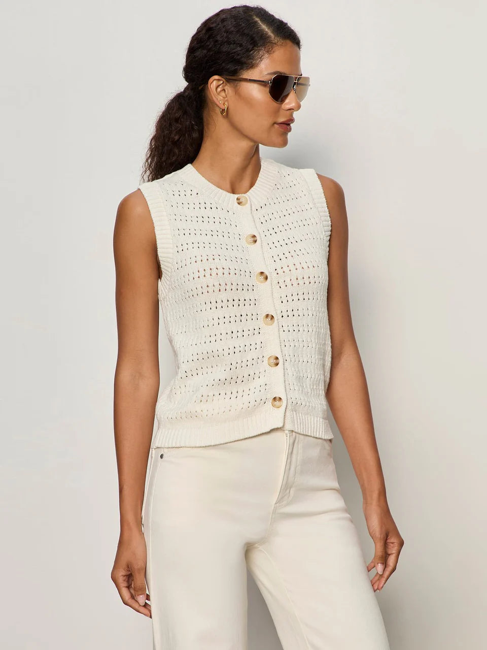 Ivory Pointelle Button Front Tank