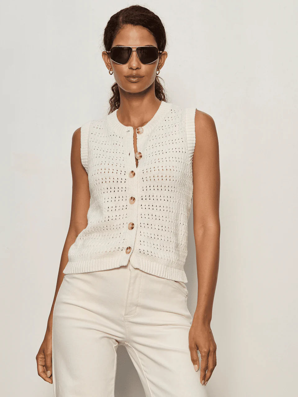 Ivory Pointelle Button Front Tank