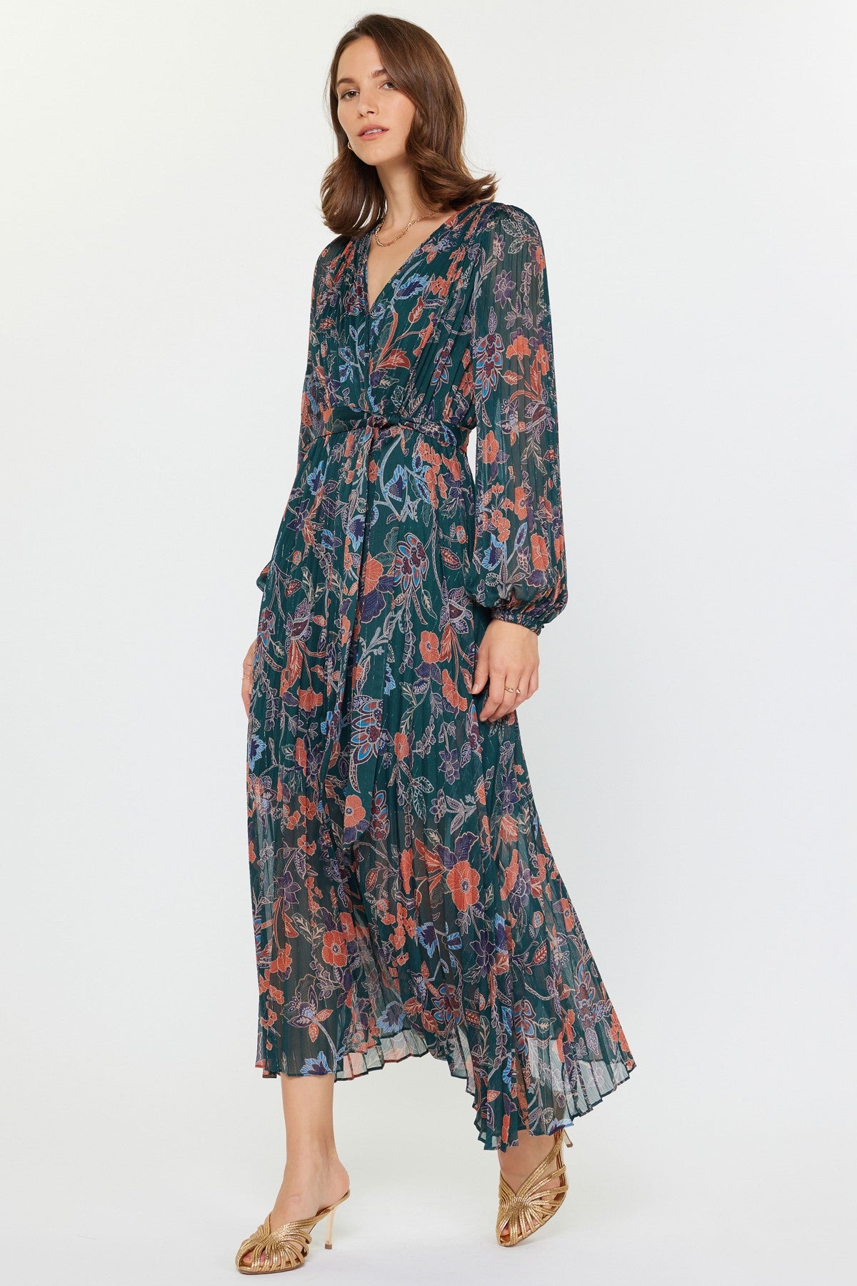 Green Long Sleeve Floral Print Dress