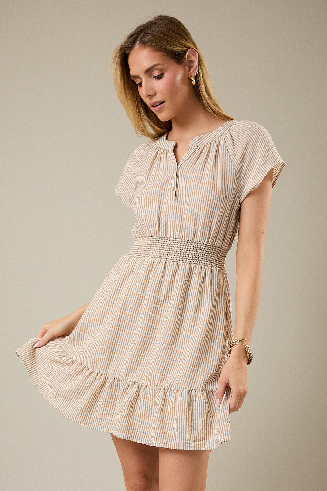 Taupe/White Stripe Short Sleeve Tiered Mini Dress