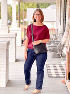 short sleeve wine colored boat neckline top