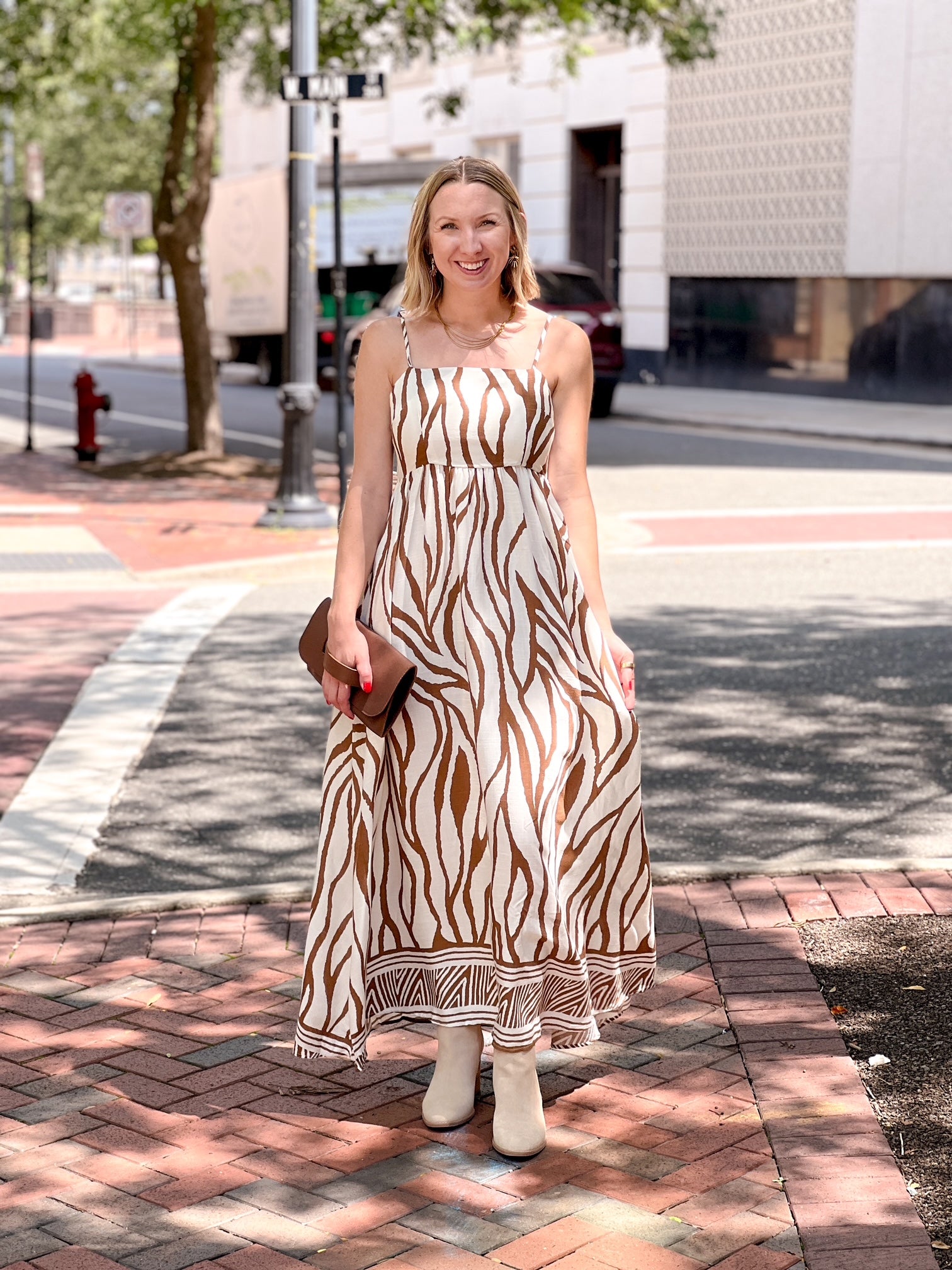 midi length cream dress with brown pattern