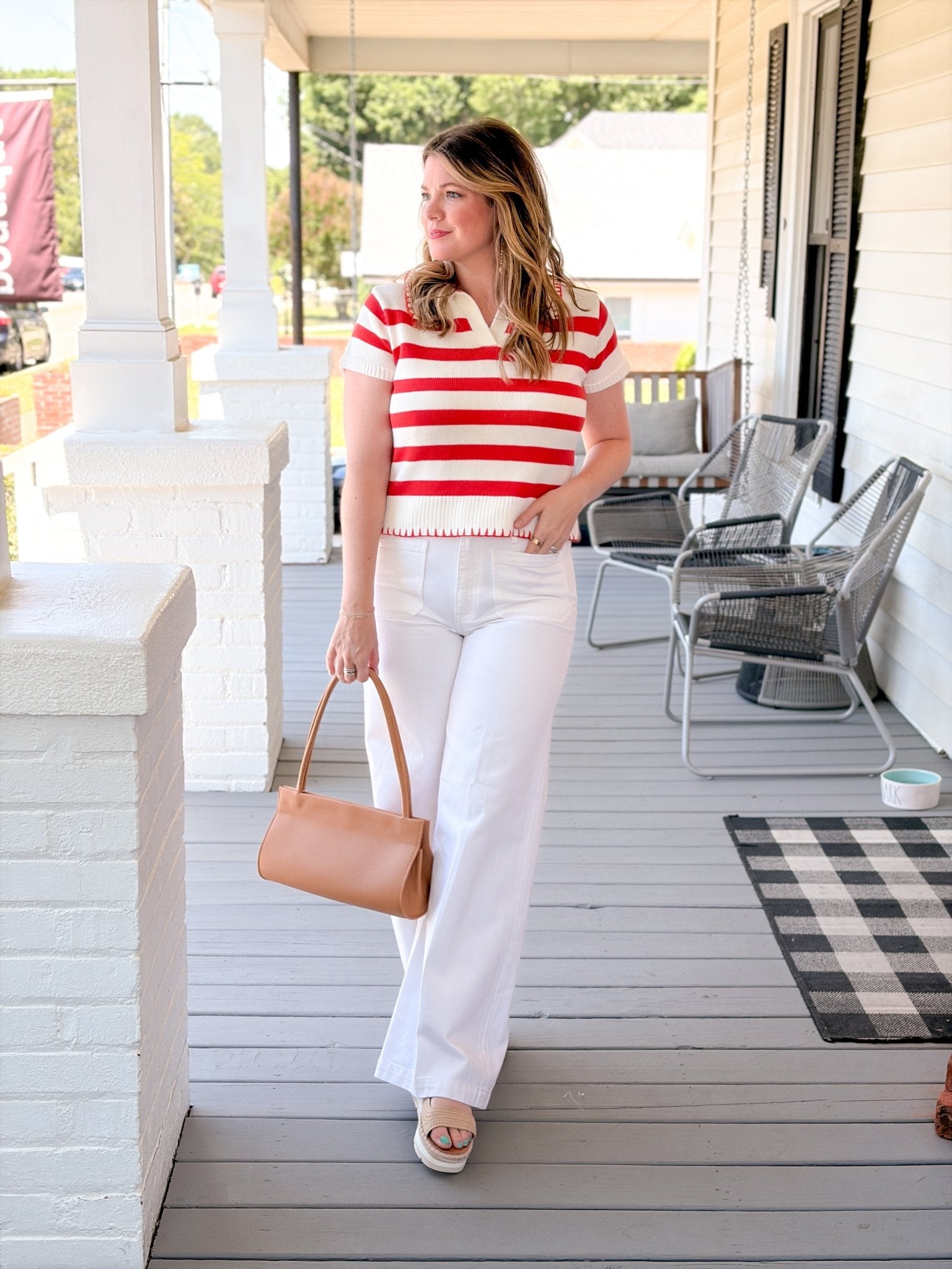 Rose & Lee Co Dalton Top, Coral/White short sleeve
