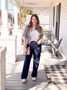 navy and peach collared shirt