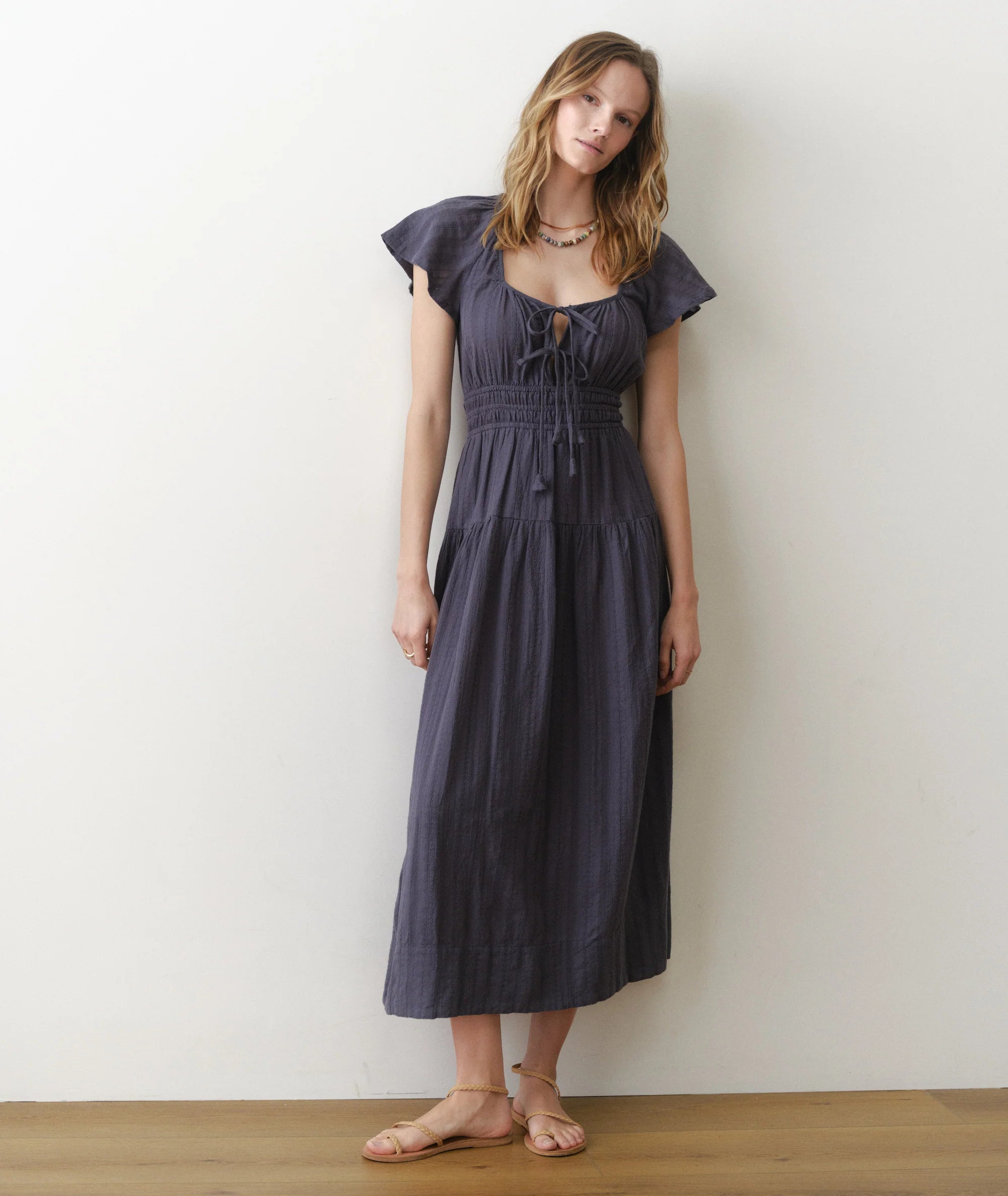 Short Sleeve Midi Length Indigo Dress with Flutter Sleeves and Neck Ties