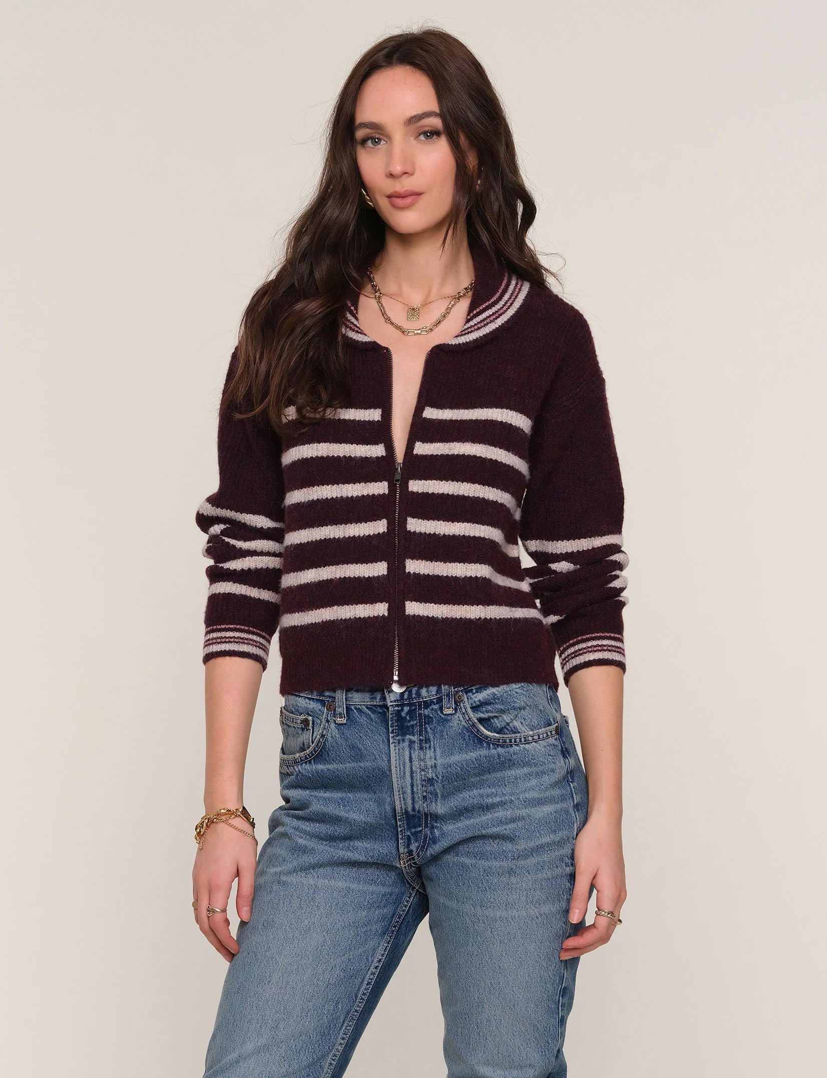 Plum Striped Long Sleeve Zip-Up Cardigan