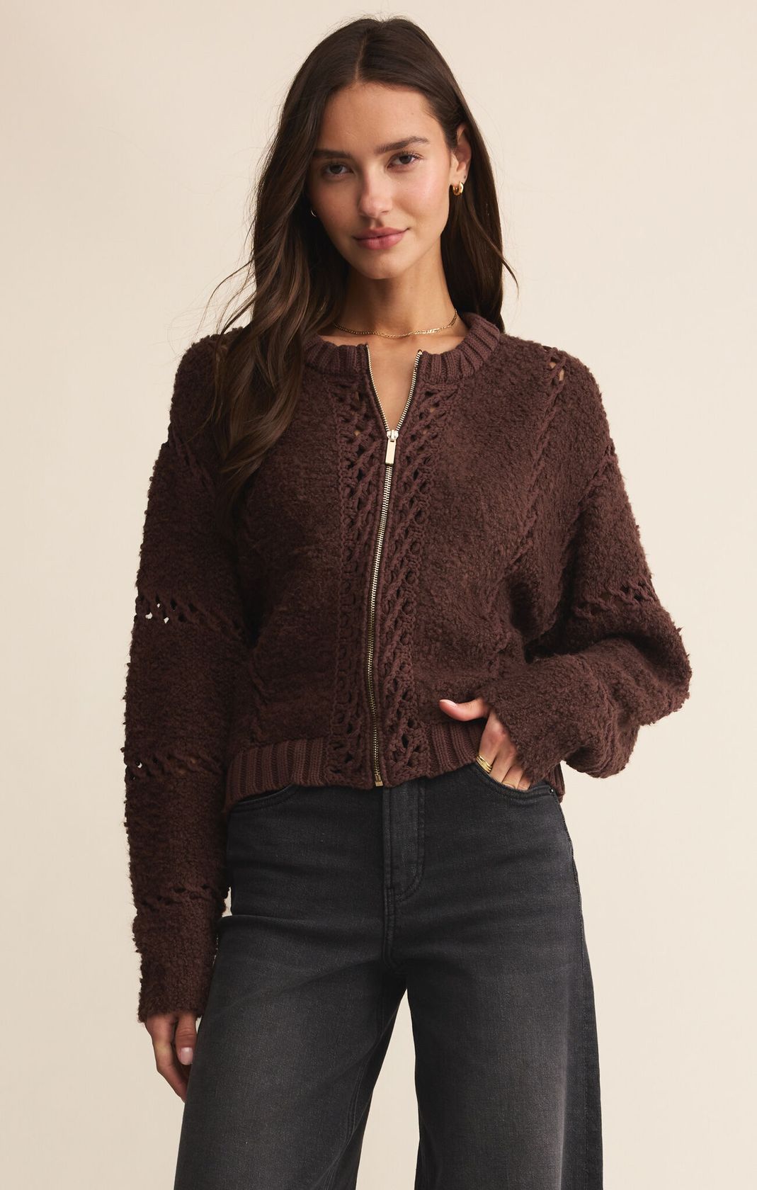 Long Sleeve Brown Zippered Crochet Jacket