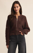 Long Sleeve Brown Zippered Crochet Jacket