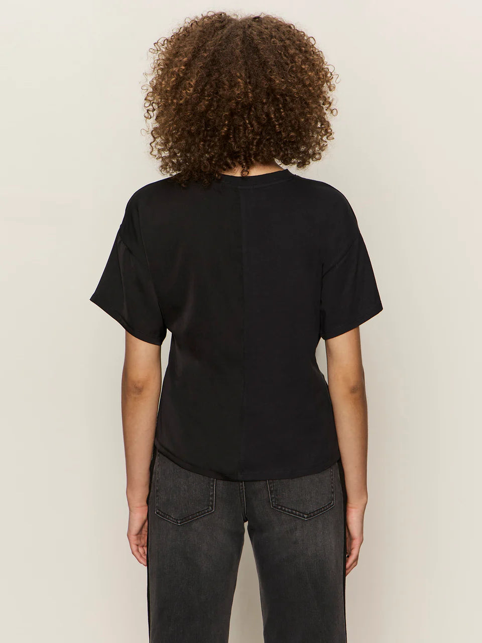 Black Short Sleeve Satin Mixed Media Top