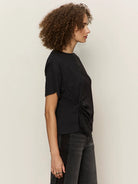 Black Short Sleeve Satin Mixed Media Top