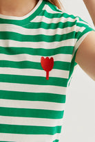 T-shirt with green striped print and tulip embroidery