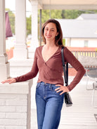 Brown V-Neckline Long Sleeve Top