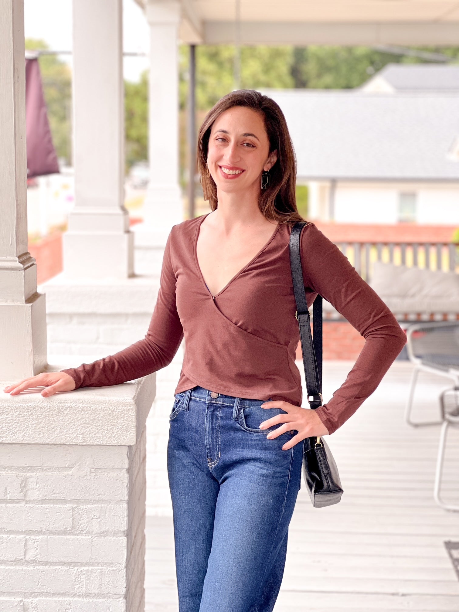 Brown V-Neckline Long Sleeve Top