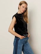 Black Velvet Sleeveless Ruched Tank 