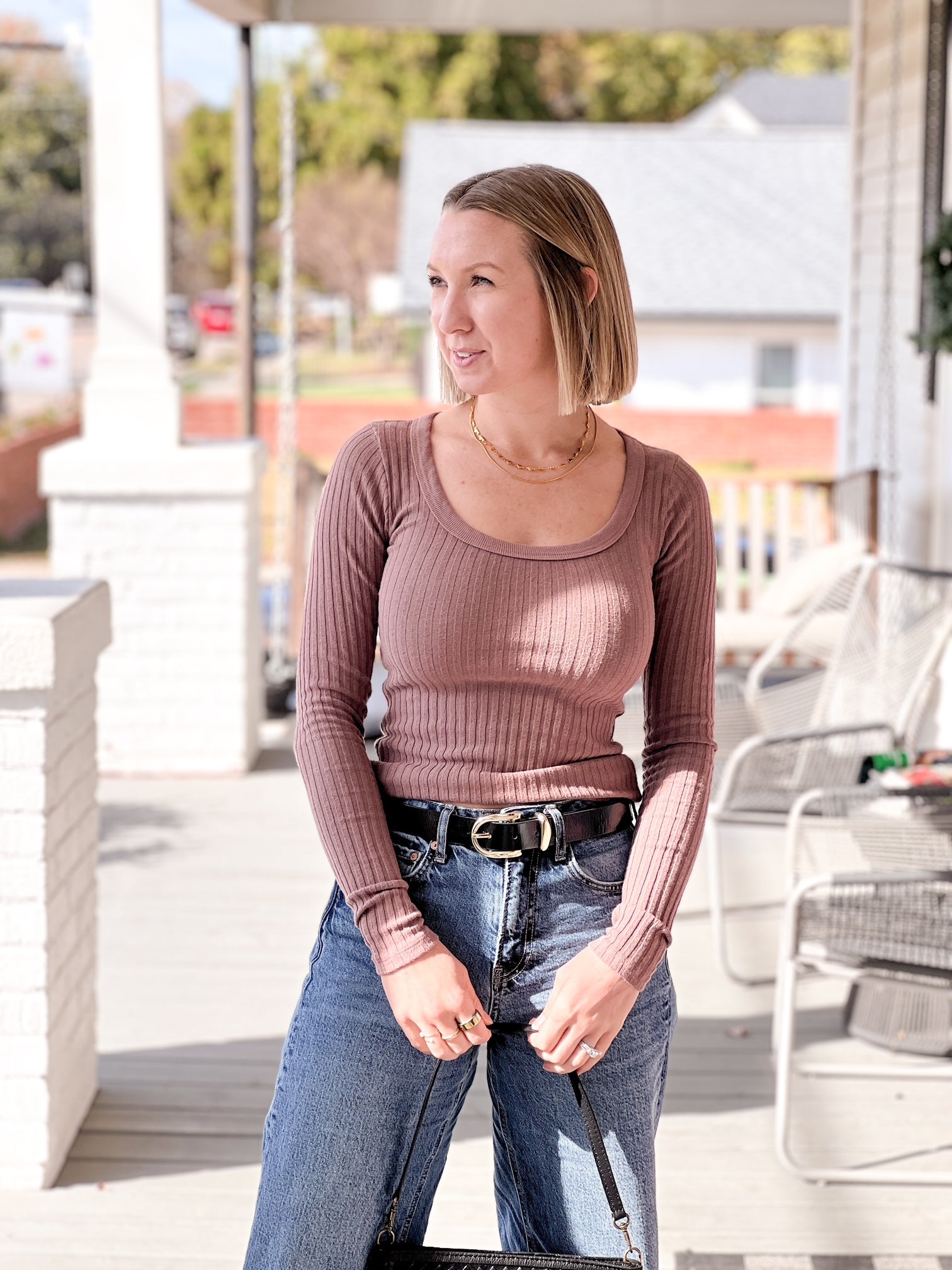 long sleeve wide knit tee with scoop neckline
