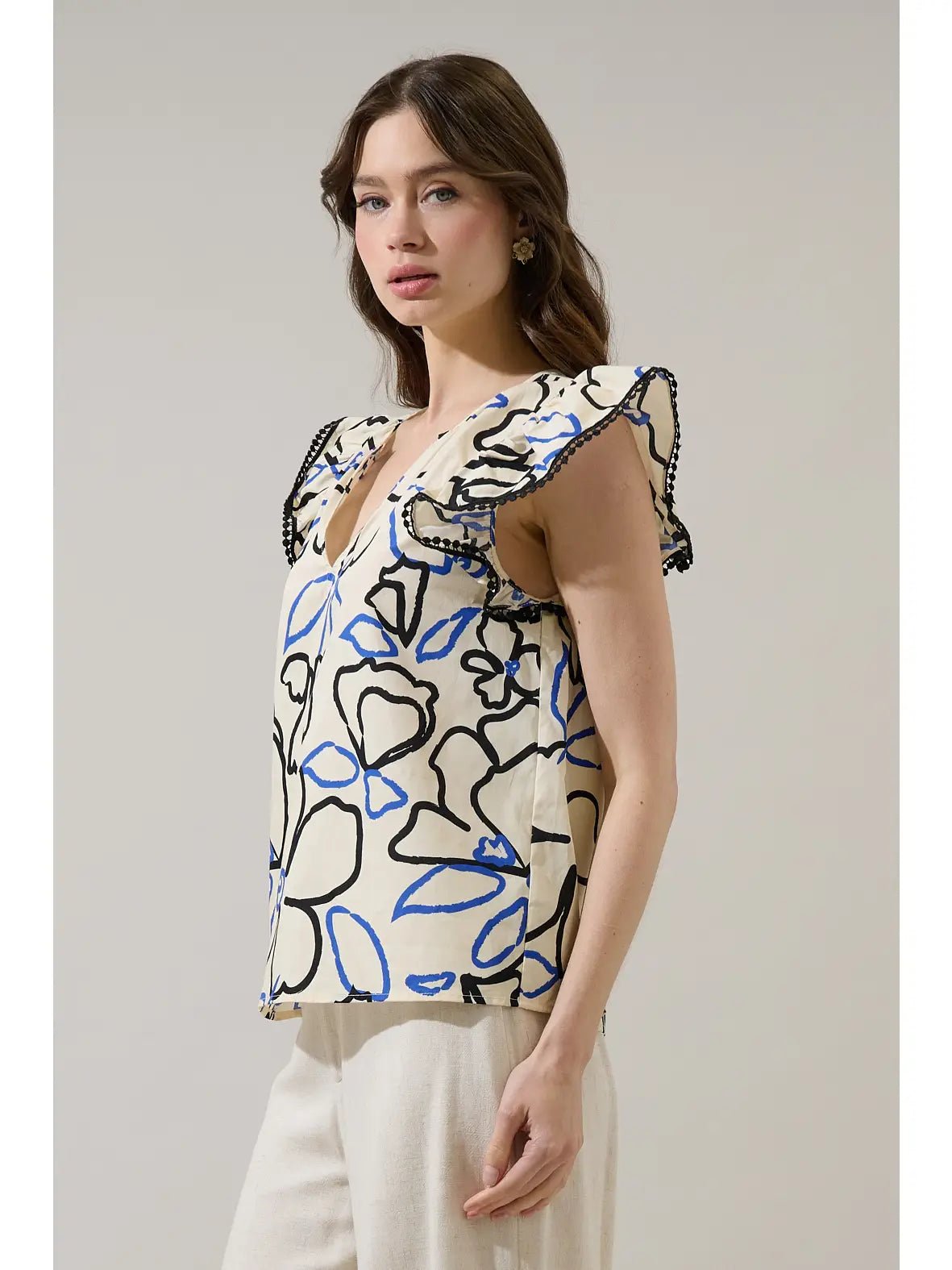 Rose & Lee Co Tercy Top, Cream/Navy Work Tops