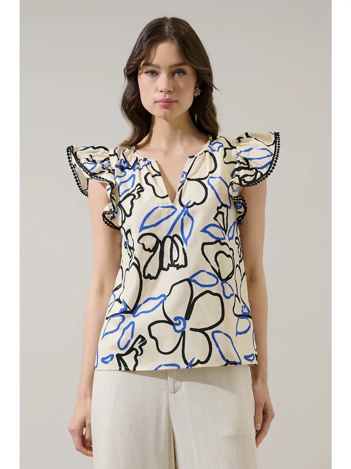 Rose & Lee Co Tercy Top, Cream/Navy Work Tops