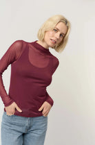Burgundy Long Sleeve Mesh Top