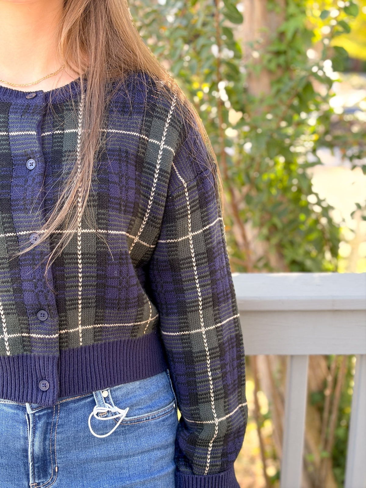 Rose & Lee Co The Jacquard Cardigan, Forest Plaid by Good American Cardigan