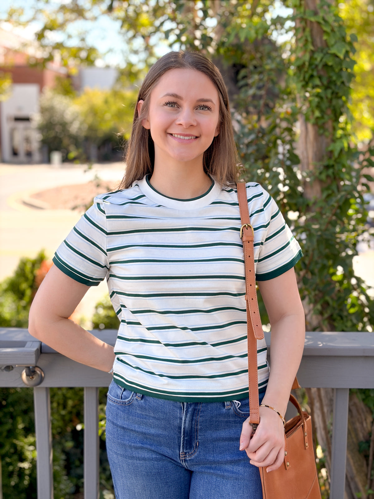 Rose & Lee Co The Layered Tee, Forest Multi Stripe by Good American short sleeve