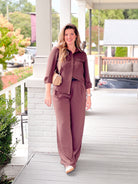 Brown Elastic Waist Wide Leg Pants