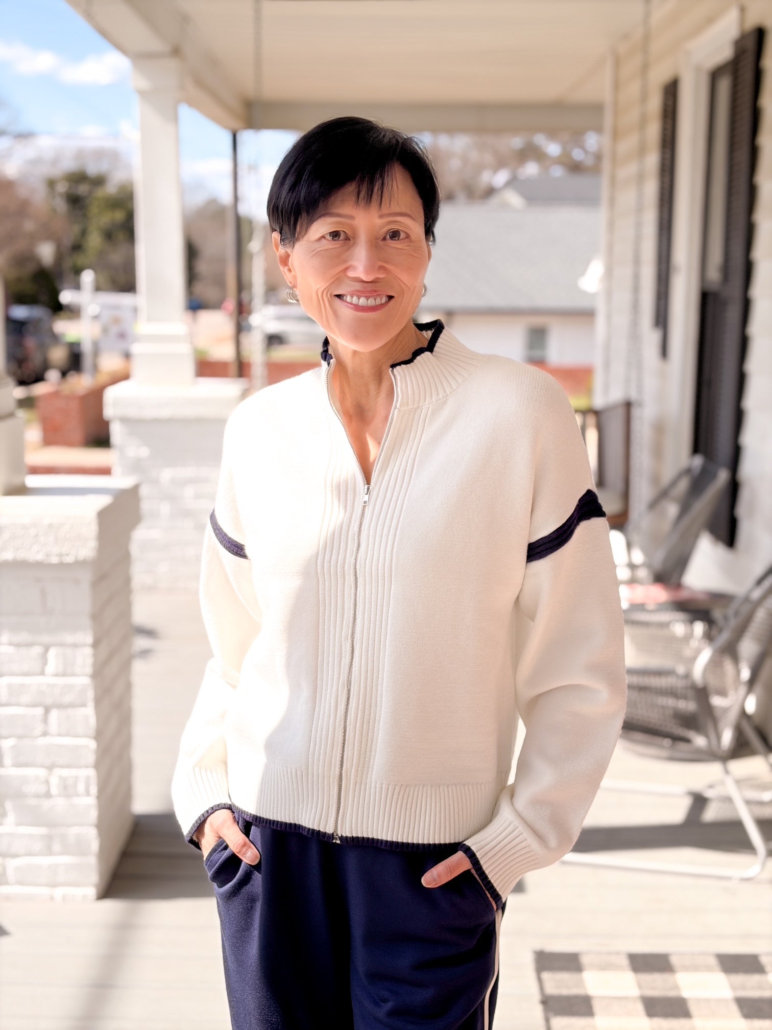 Ivory/Navy Front Zip Sporty Jacket