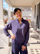 long sleeve navy pullover with ivory dots