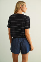Rose & Lee Co Trace Top, Navy/Ivory Stripe short sleeve