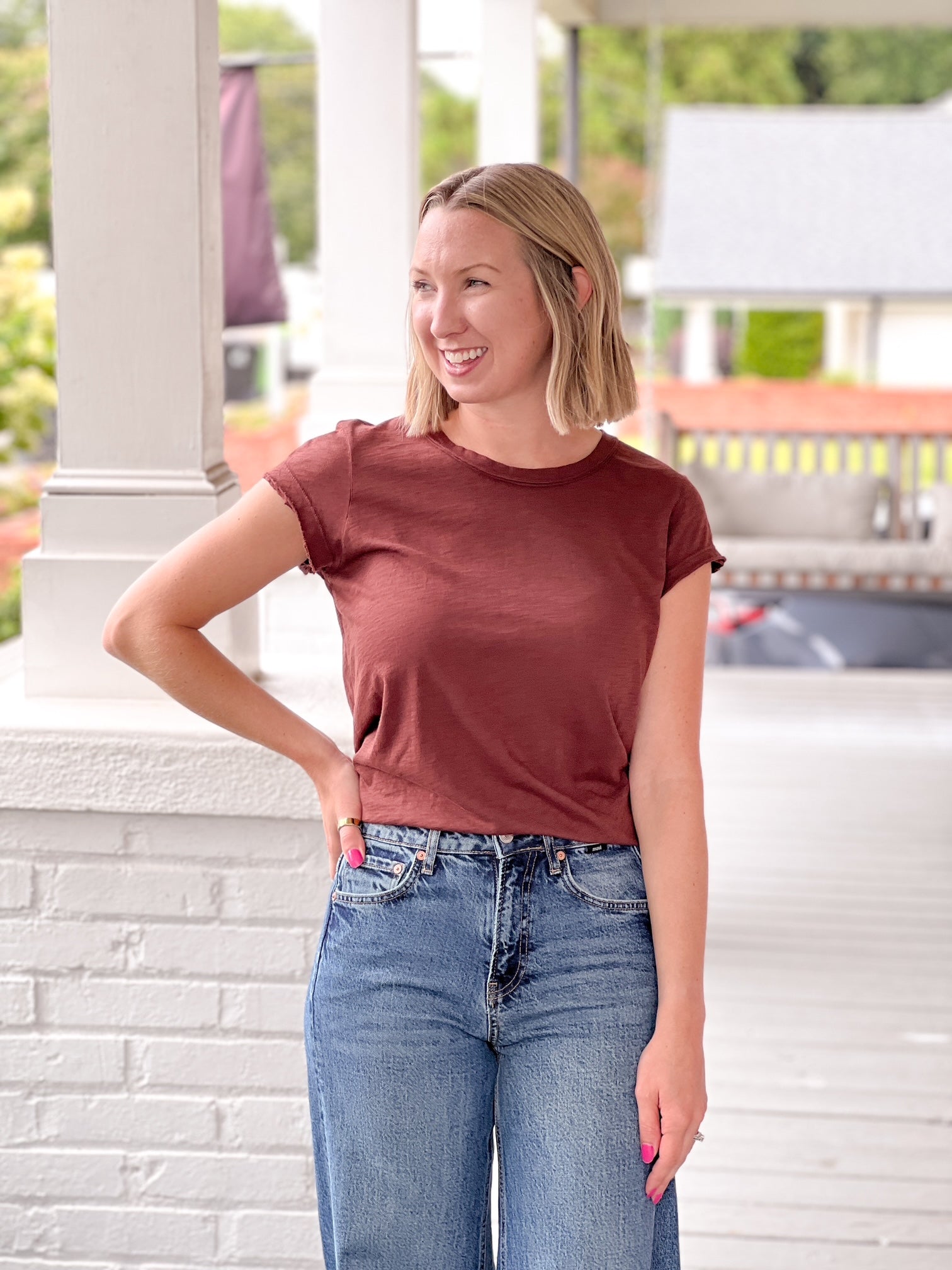 short sleeve top with crew neckline in espresso color