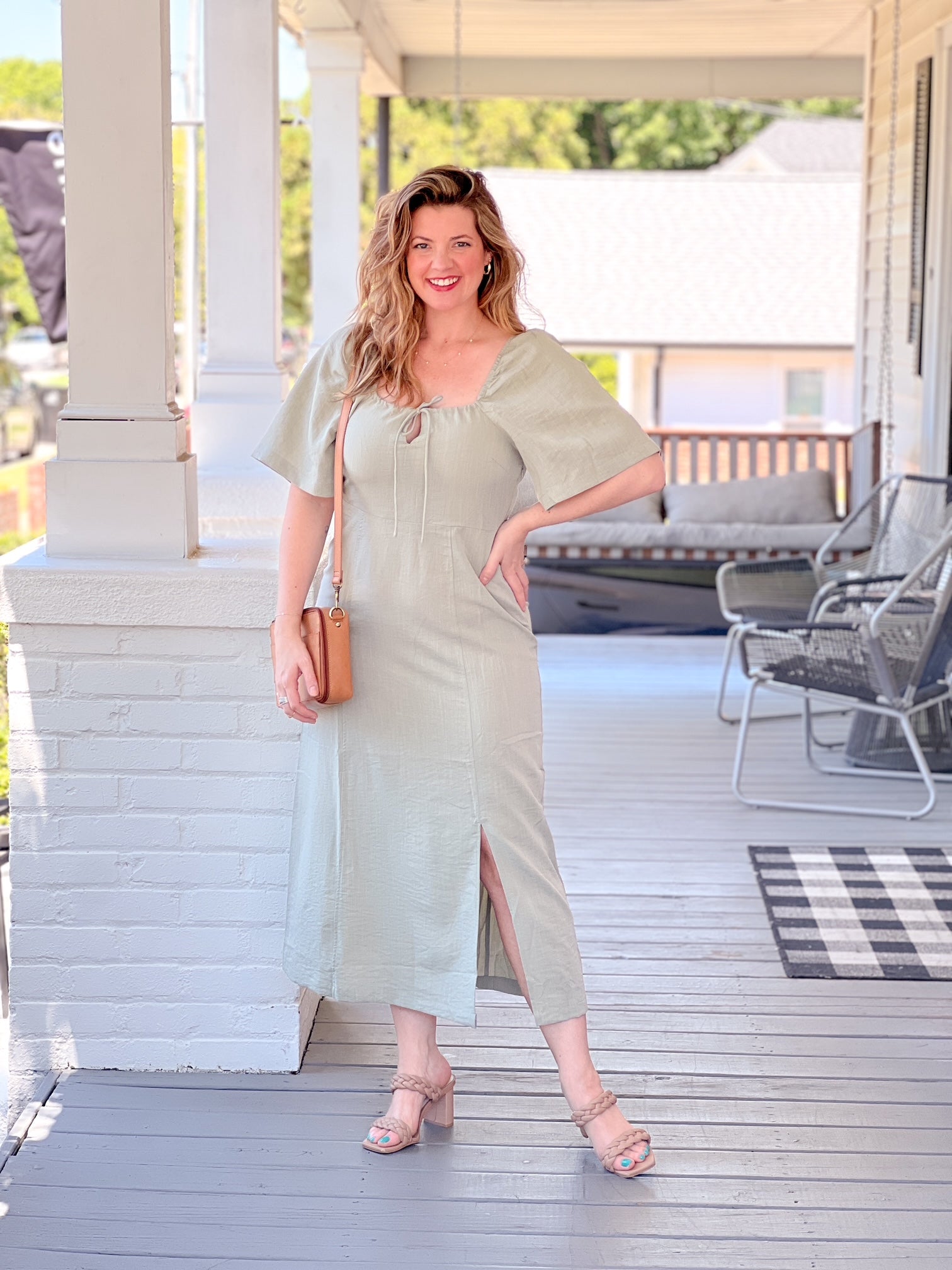 light green midi length dress sleeves with square neckline