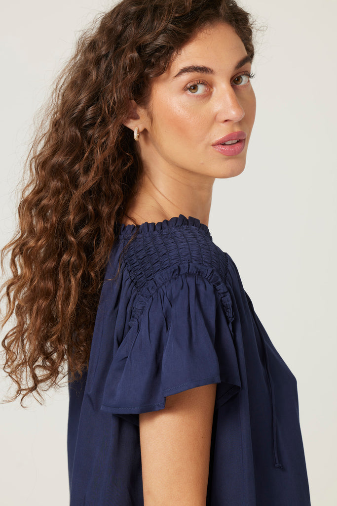 Blue Ruffle Sleeve Top Apex Ethical Boutique