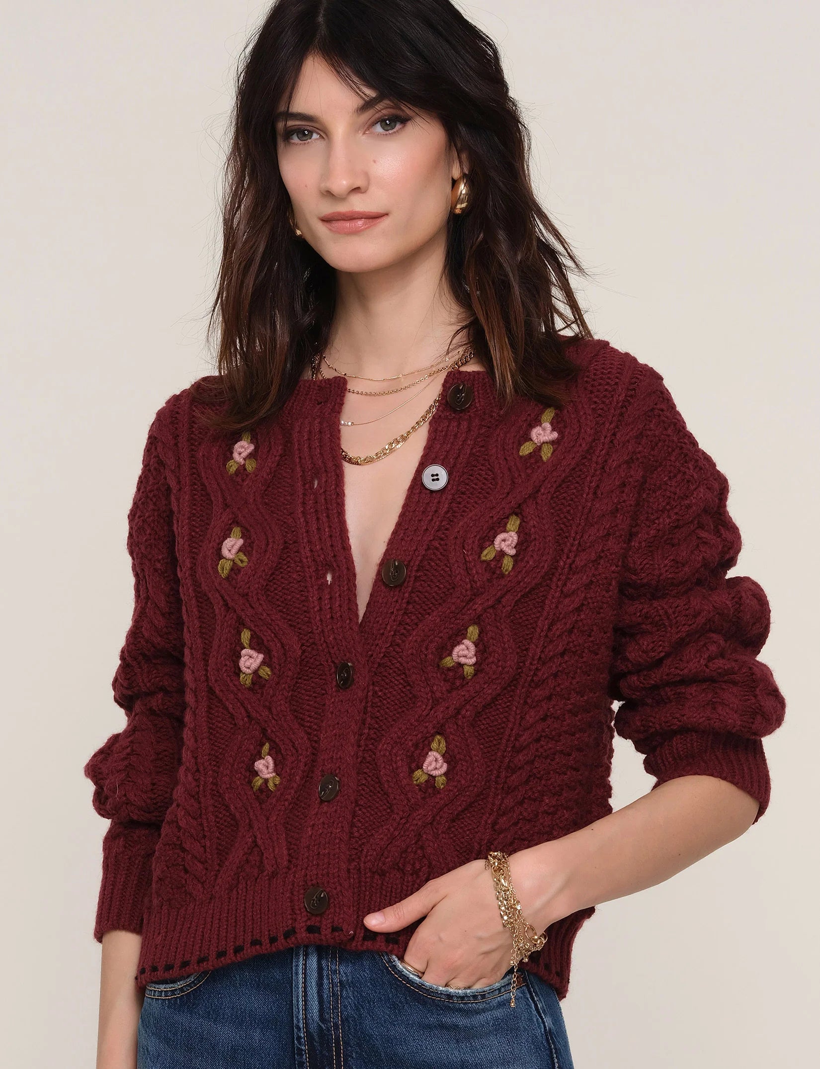 Burgundy Long Sleeve Button up Cardigan with Knitted Flowers