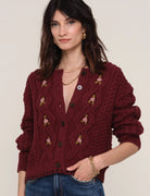 Burgundy Long Sleeve Button up Cardigan with Knitted Flowers