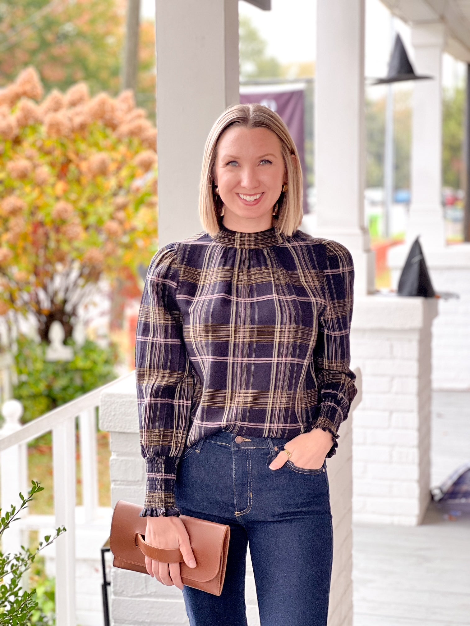 Long Sleeve Plaid Mock Neck Top