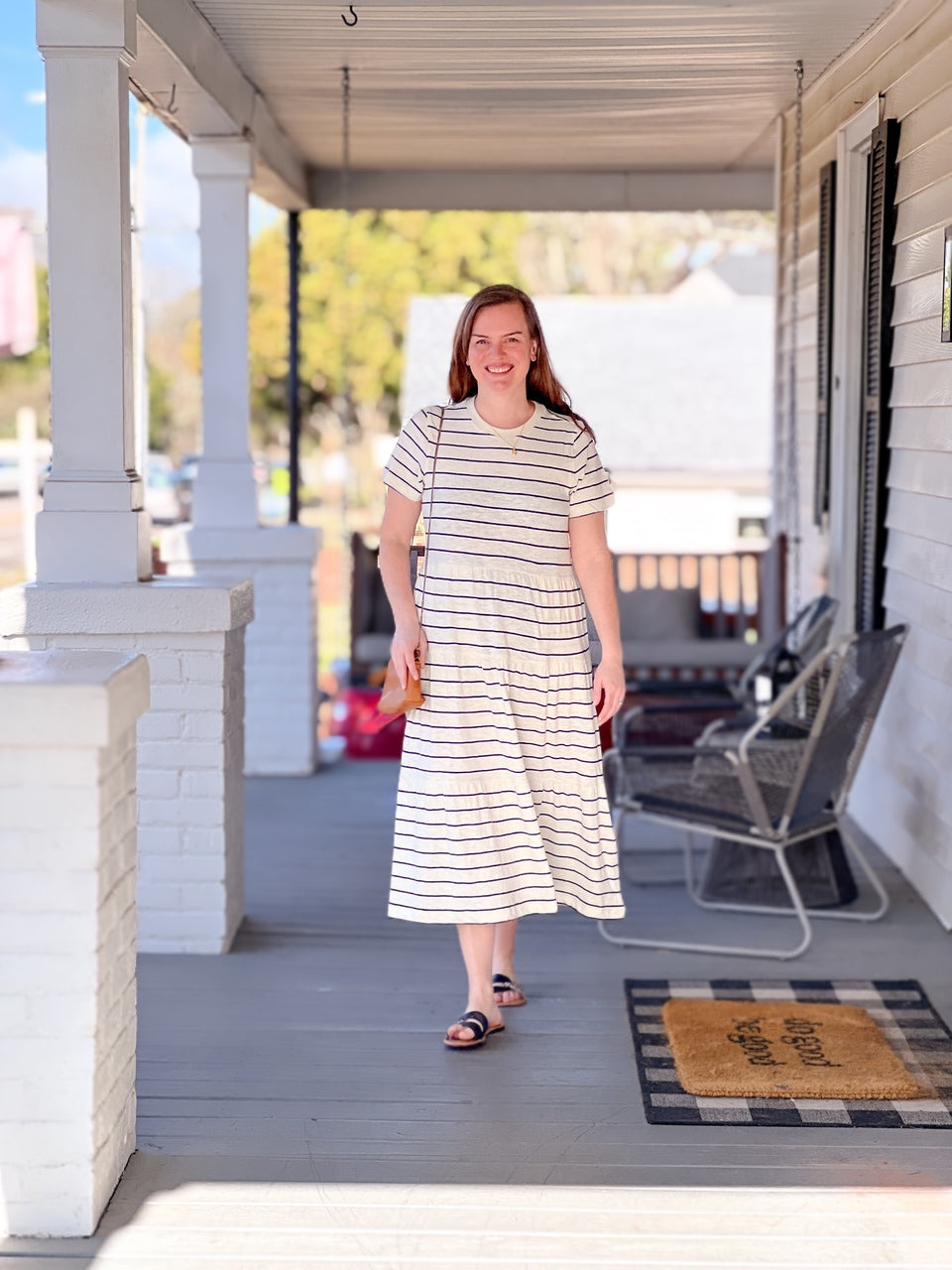 White and Black Striped Short Sleeve Dress