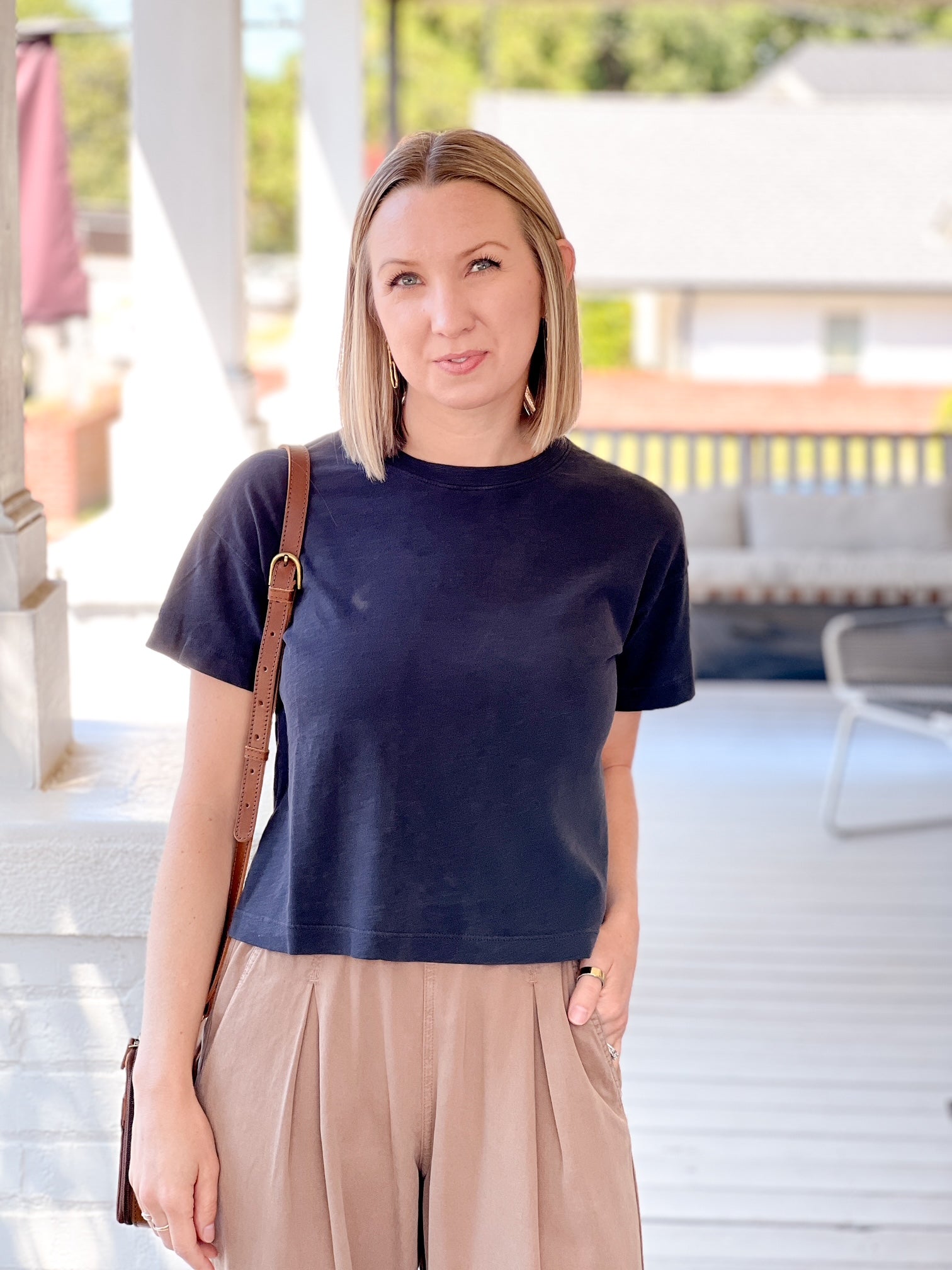 short sleeve  top with crew neckline and slight crop