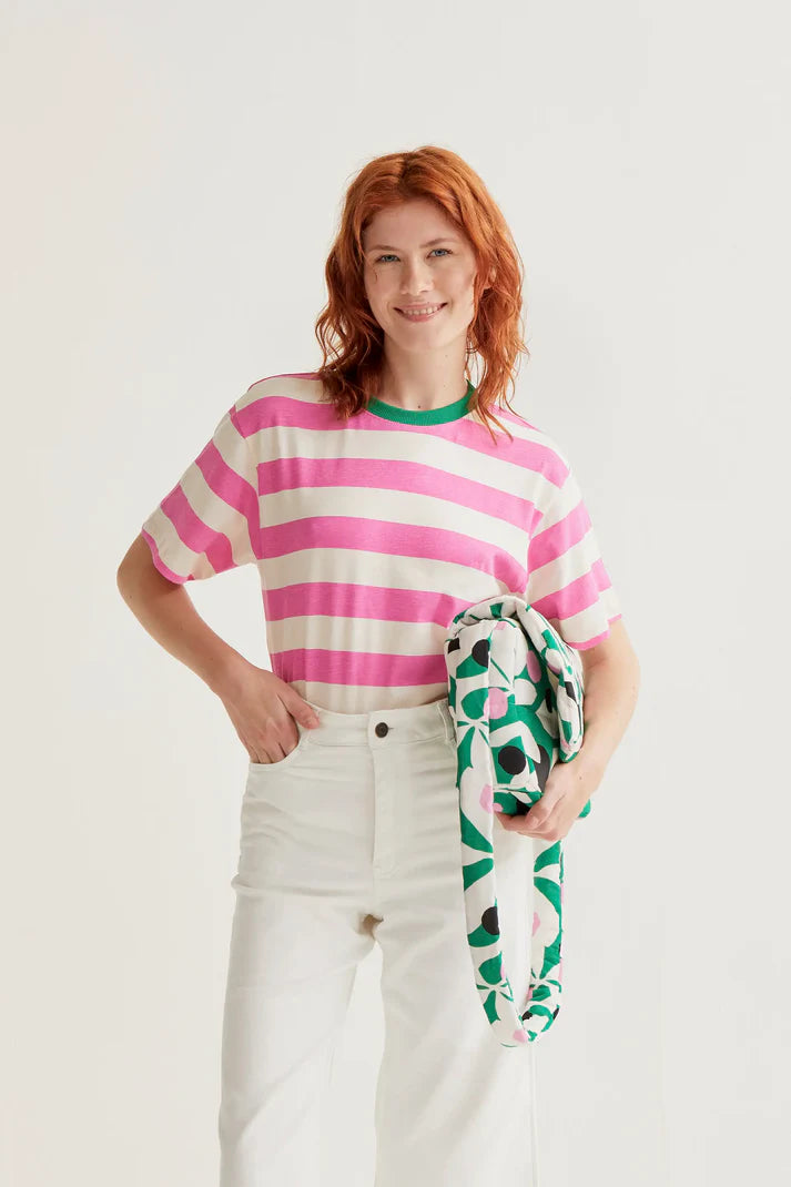 T-shirt with pink and white striped print