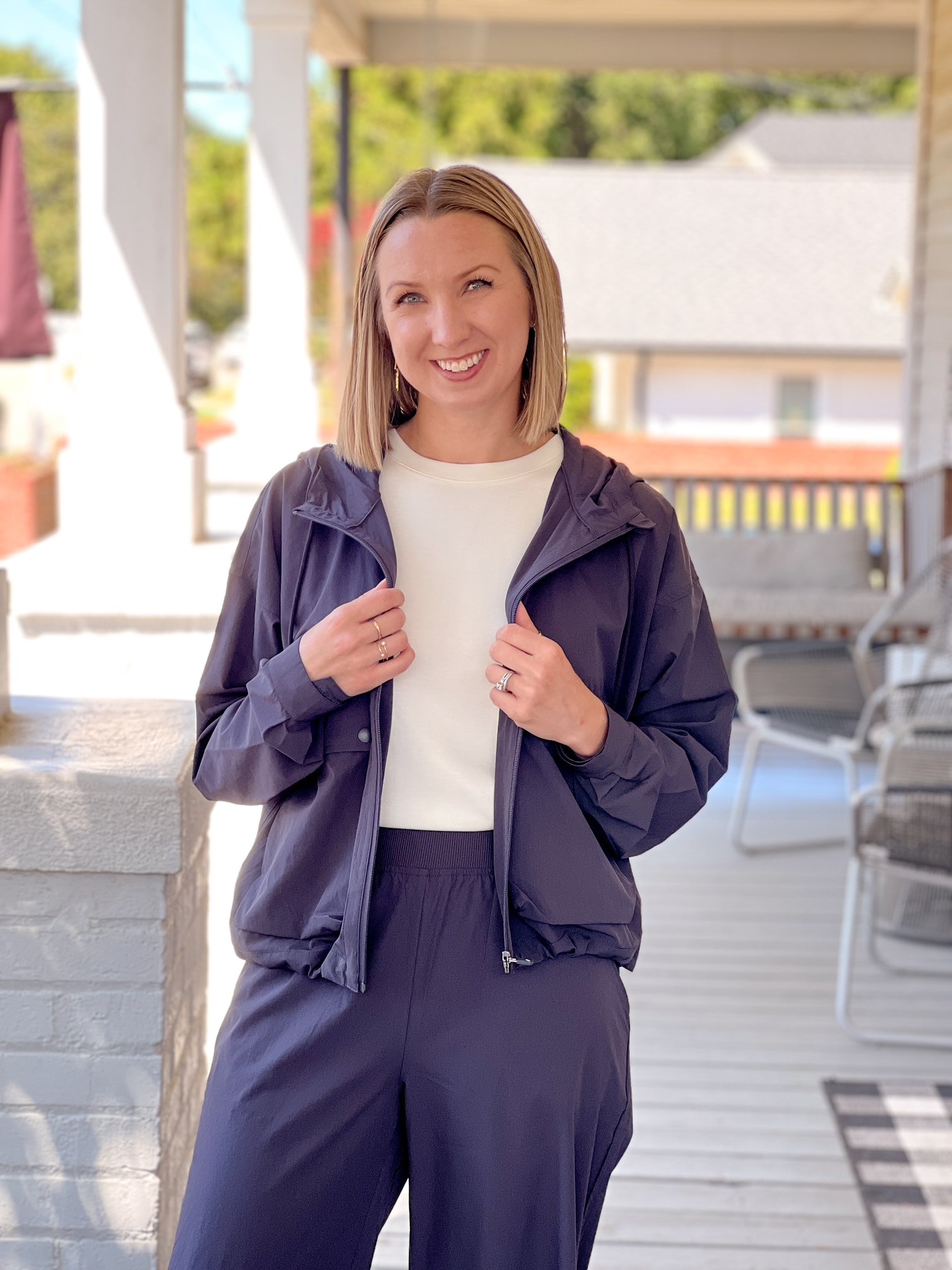 charcoal blue windbreaker jacket, zip up
