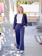 charcoal blue wide leg windbreak pants with elastic waist