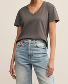 Washed Grey Short Sleeve V-Neck Top
